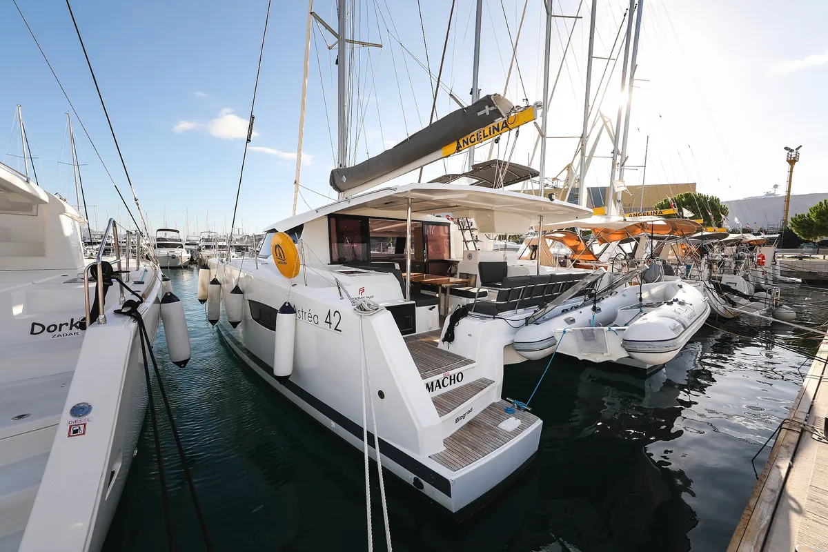 Exterior view of Macho, a Fountaine Pajot Astrea 42 Quatuor catamaran at Grad Trogir, Croatia
