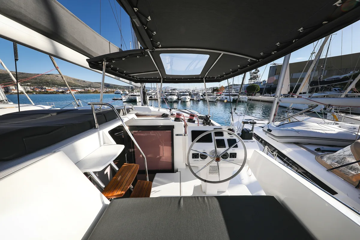 Cockpit of Macho, a Fountaine Pajot Astrea 42 Quatuor catamaran at Grad Trogir, Croatia