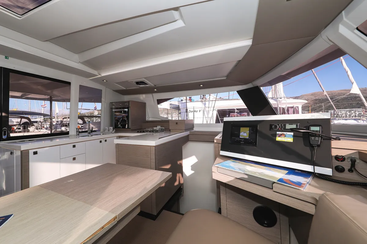 Salon of Macho, a Fountaine Pajot Astrea 42 Quatuor catamaran at Grad Trogir, Croatia