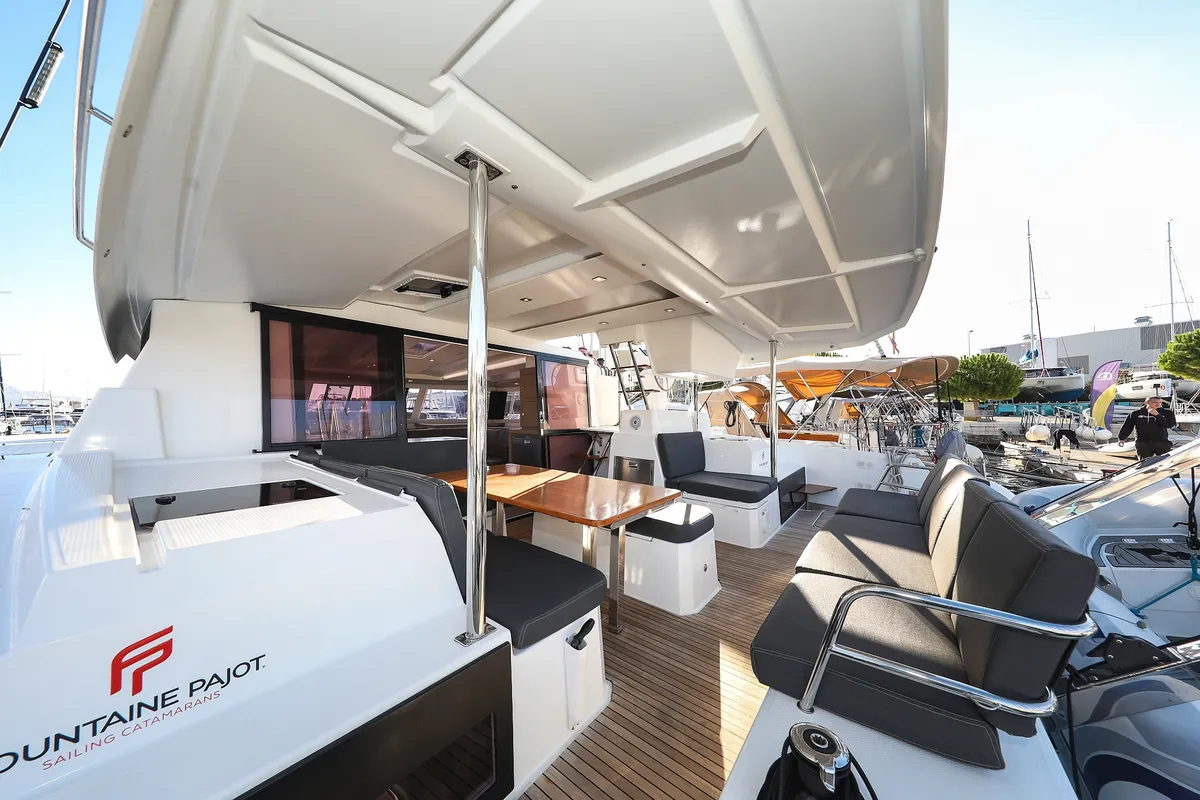 Deck of Macho, a Fountaine Pajot Astrea 42 Quatuor catamaran at Grad Trogir, Croatia