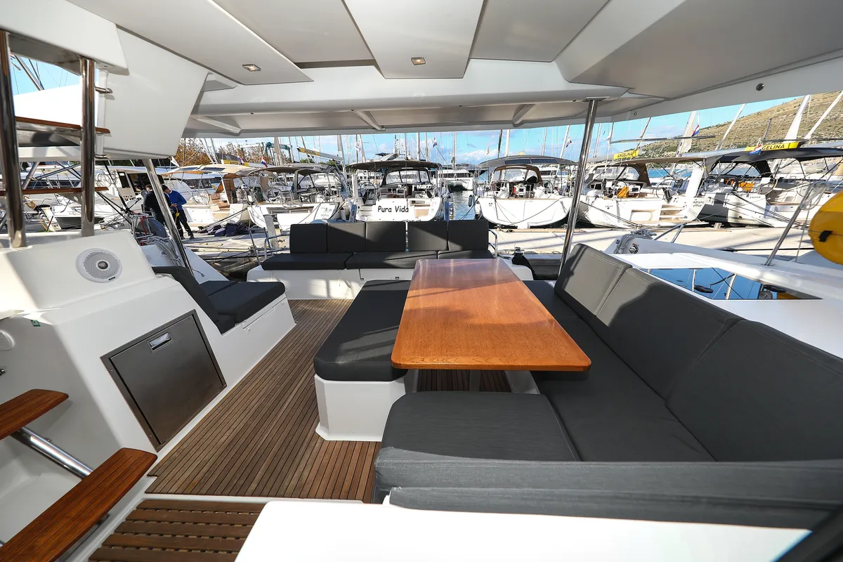 Deck of Macho, a Fountaine Pajot Astrea 42 Quatuor catamaran at Grad Trogir, Croatia