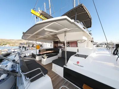 Deck of Macho, a Fountaine Pajot Astrea 42 Quatuor catamaran at Grad Trogir, Croatia