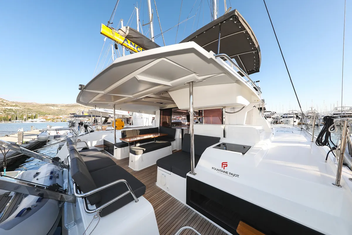 Deck of Macho, a Fountaine Pajot Astrea 42 Quatuor catamaran at Grad Trogir, Croatia