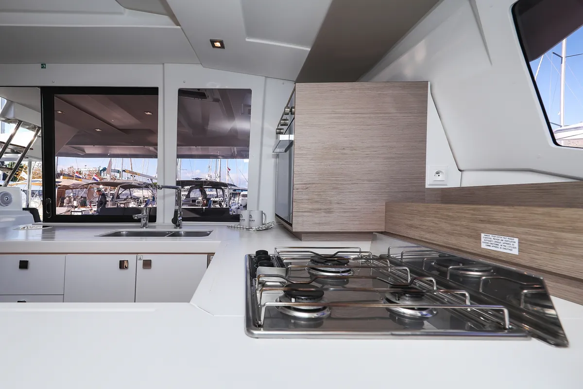 Galley of Macho, a Fountaine Pajot Astrea 42 Quatuor catamaran at Grad Trogir, Croatia