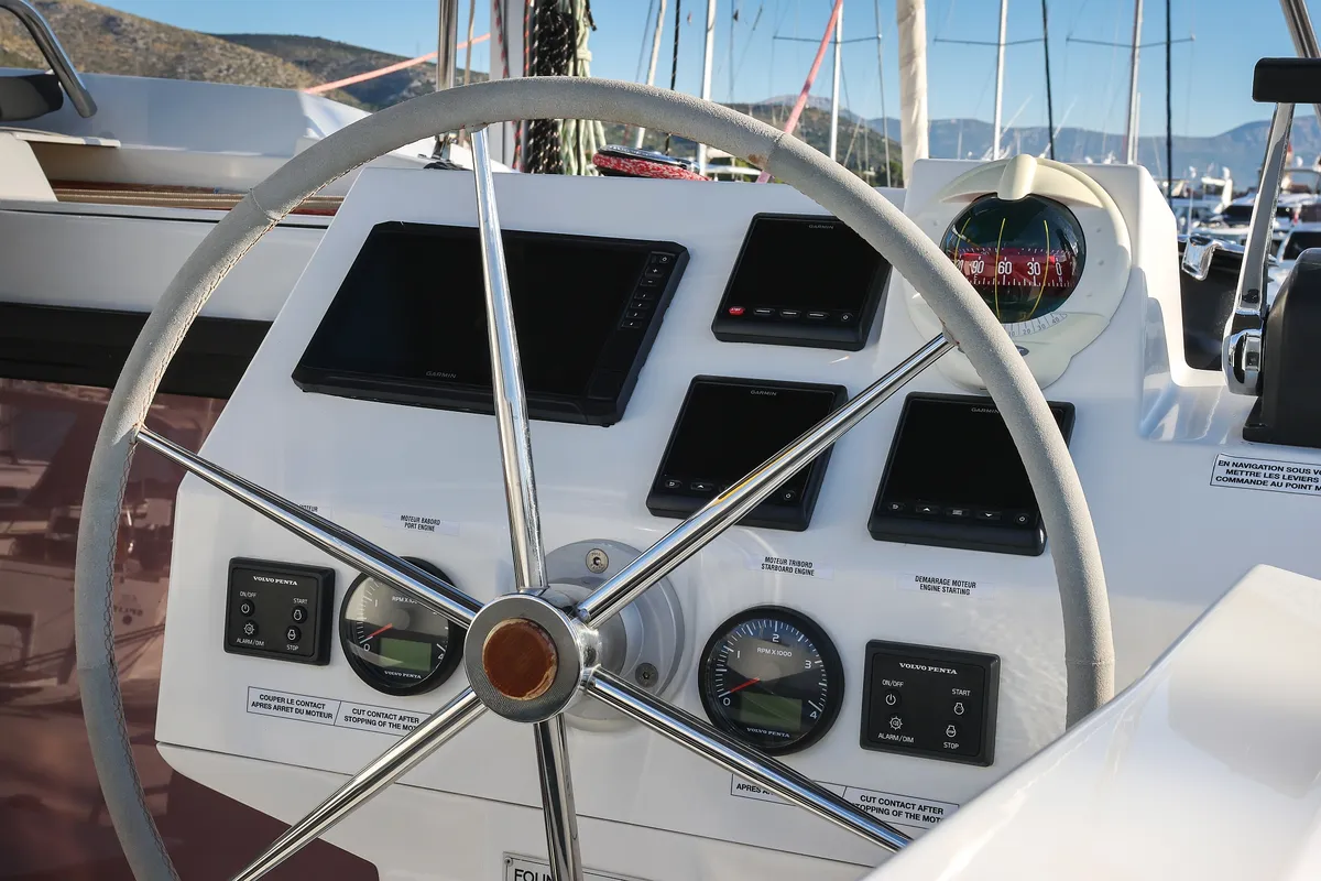 Cockpit of Macho, a Fountaine Pajot Astrea 42 Quatuor catamaran at Grad Trogir, Croatia