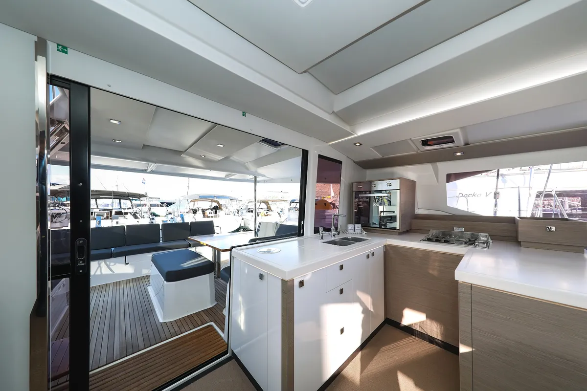 Galley of Macho, a Fountaine Pajot Astrea 42 Quatuor catamaran at Grad Trogir, Croatia