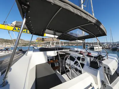 Cockpit of Macho, a Fountaine Pajot Astrea 42 Quatuor catamaran at Grad Trogir, Croatia