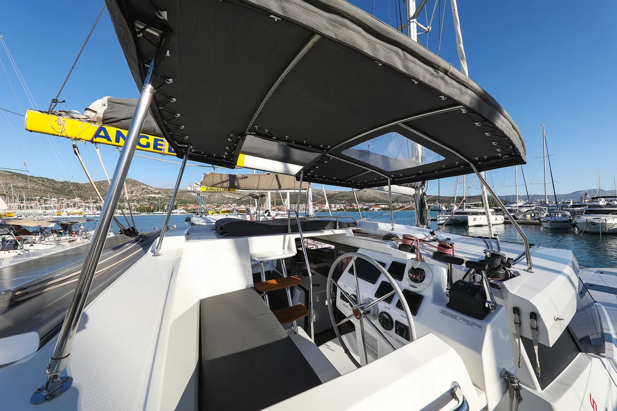 Cockpit of Macho, a Fountaine Pajot Astrea 42 Quatuor catamaran at Grad Trogir, Croatia