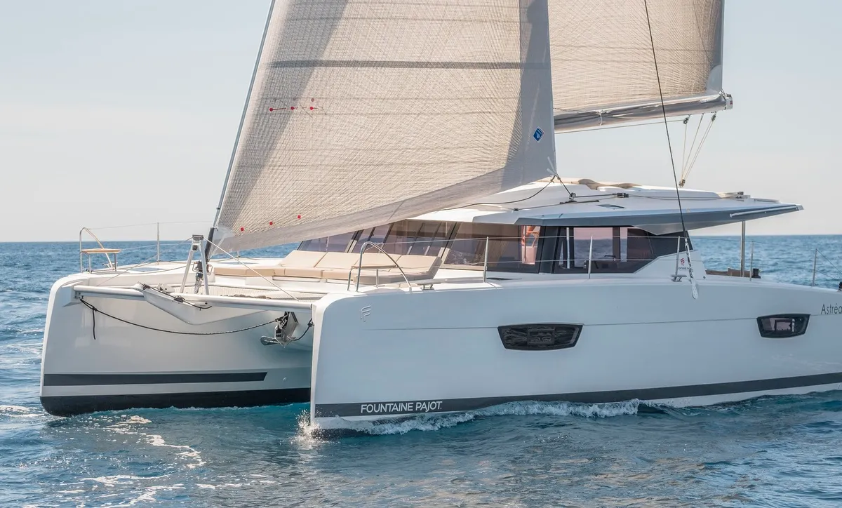 Exterior view of Macho, a Fountaine Pajot Astrea 42 Quatuor catamaran at Grad Trogir, Croatia