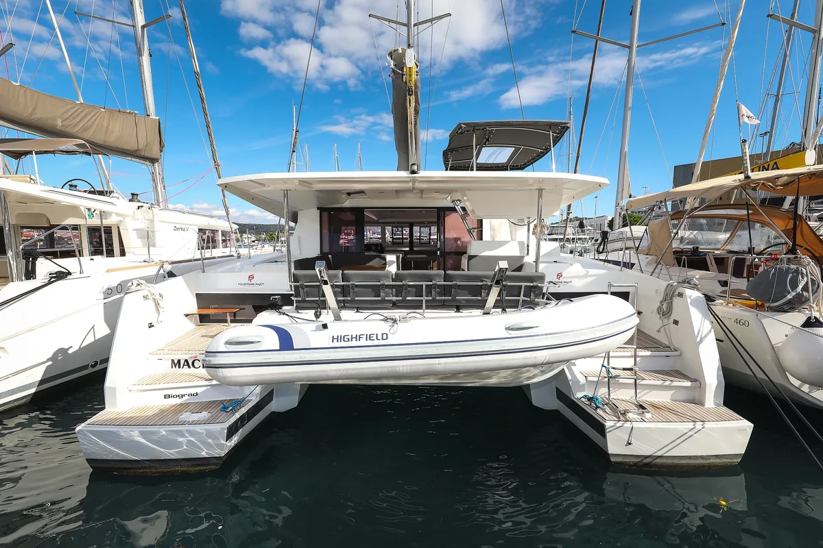 Exterior view of Macho, a Fountaine Pajot Astrea 42 Quatuor catamaran at Grad Trogir, Croatia