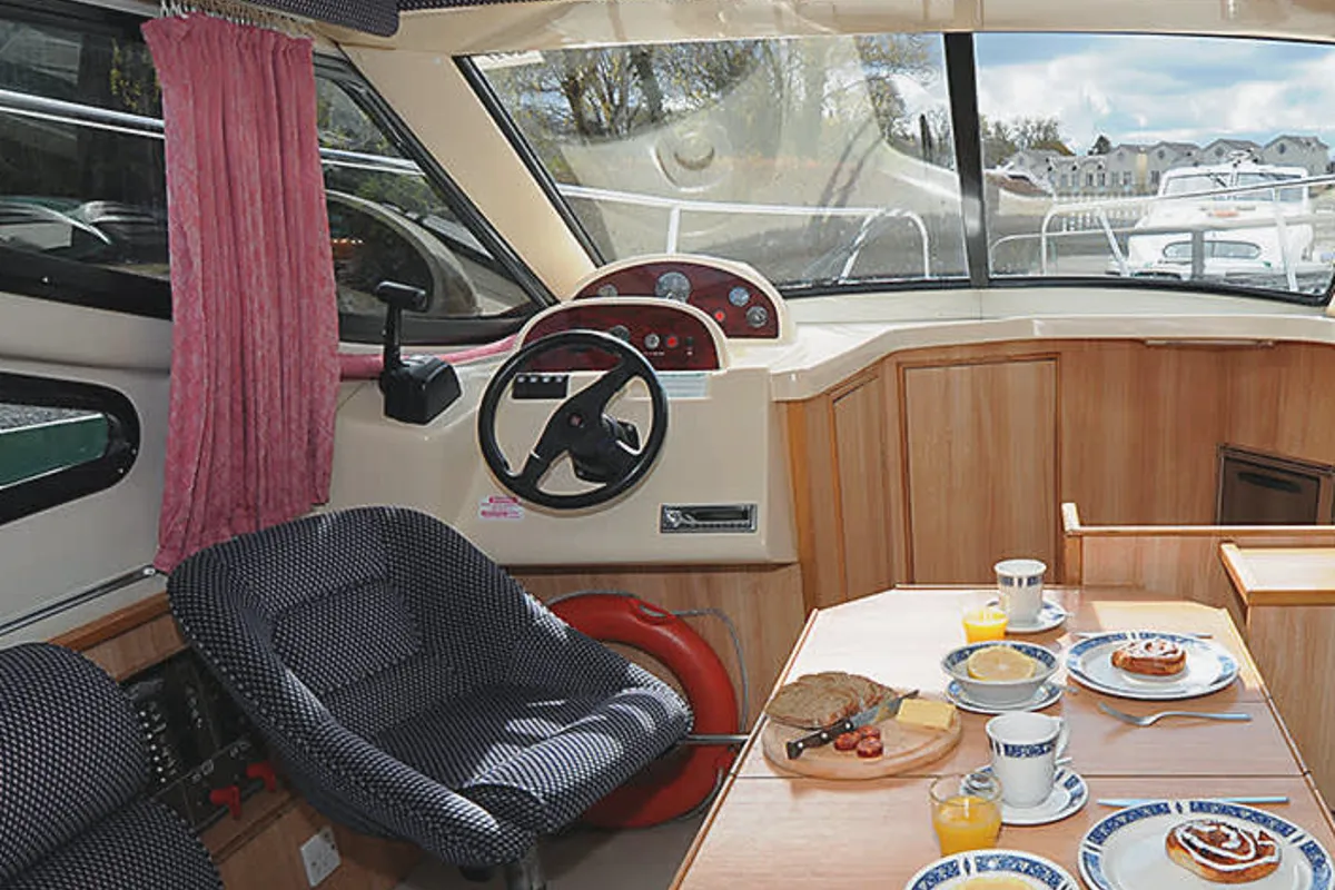 Cockpit of Consul Budget 9, a Cygnet Consul motorboat at Laggan, United Kingdom