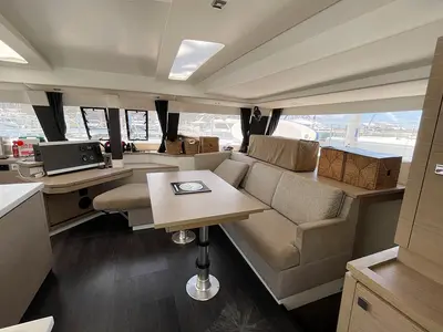 Salon of Good Vibrations, a Fountaine Pajot Saba 50 catamaran at Road Town, British Virgin Islands