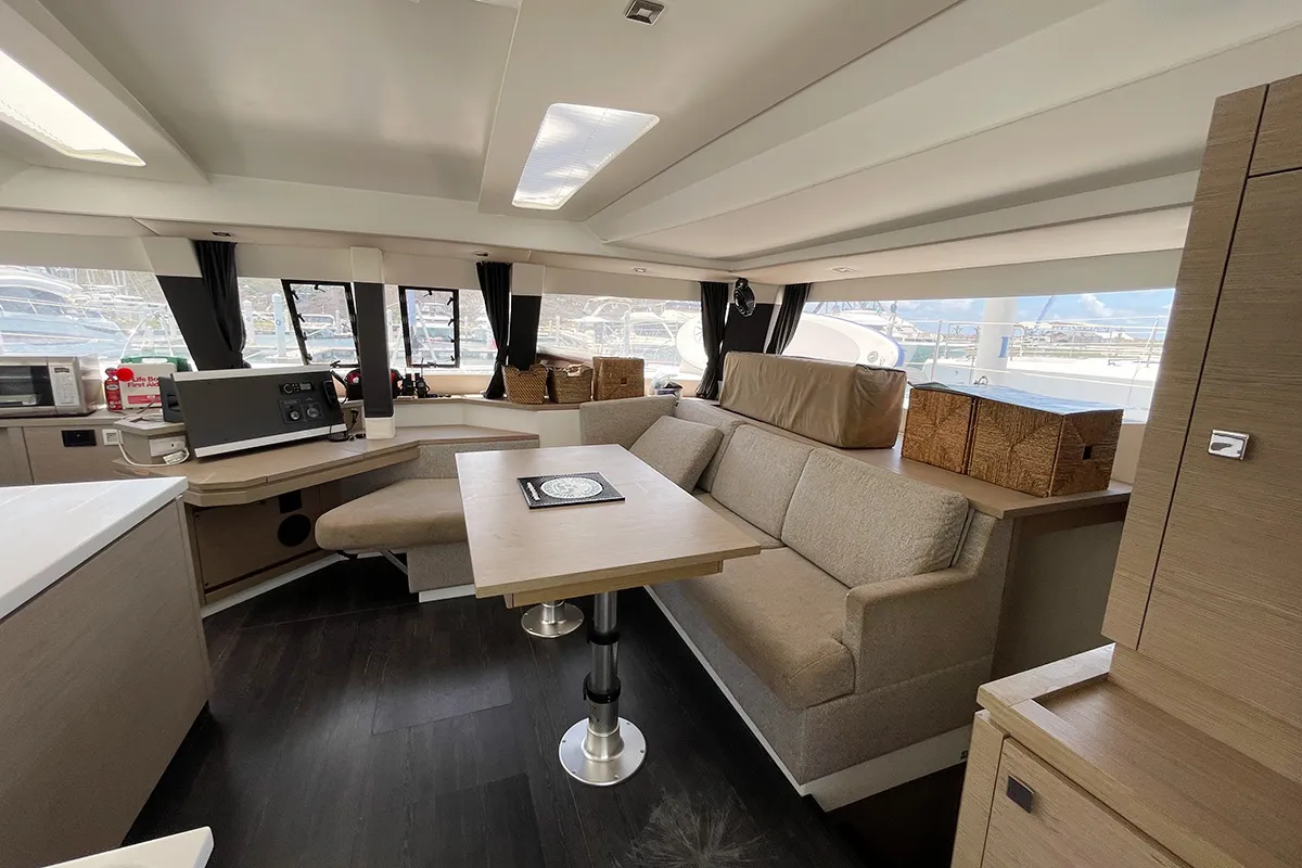 Salon of Good Vibrations, a Fountaine Pajot Saba 50 catamaran at Road Town, British Virgin Islands