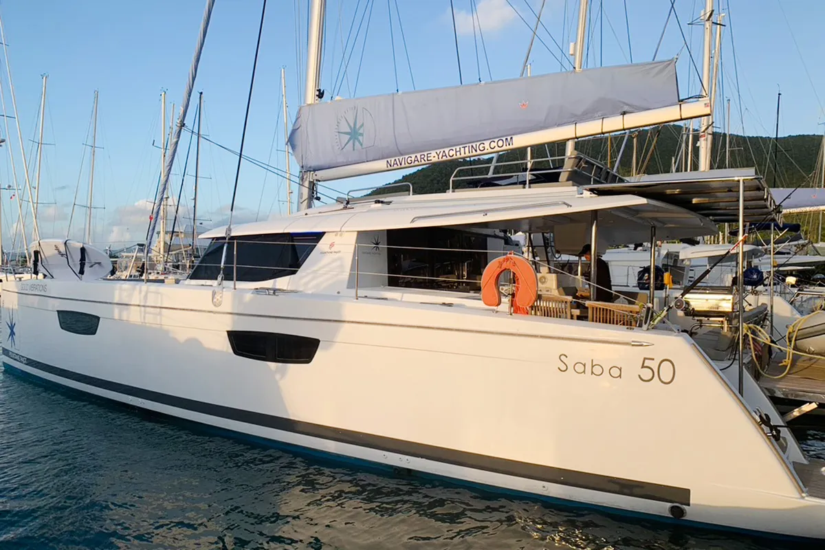 Exterior view of Good Vibrations, a Fountaine Pajot Saba 50 catamaran at Road Town, British Virgin Islands