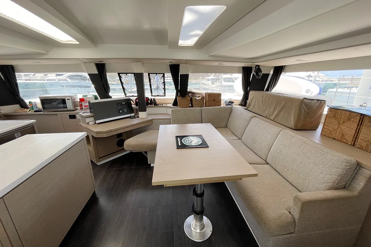 Salon of Good Vibrations, a Fountaine Pajot Saba 50 catamaran at Road Town, British Virgin Islands