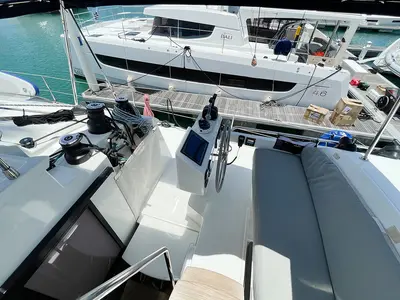 Cockpit of Good Vibrations, a Fountaine Pajot Saba 50 catamaran at Road Town, British Virgin Islands