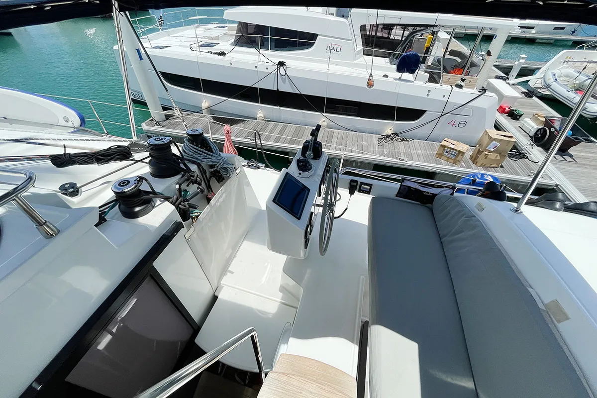 Cockpit of Good Vibrations, a Fountaine Pajot Saba 50 catamaran at Road Town, British Virgin Islands