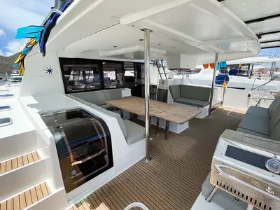 Deck of Good Vibrations, a Fountaine Pajot Saba 50 catamaran at Road Town, British Virgin Islands