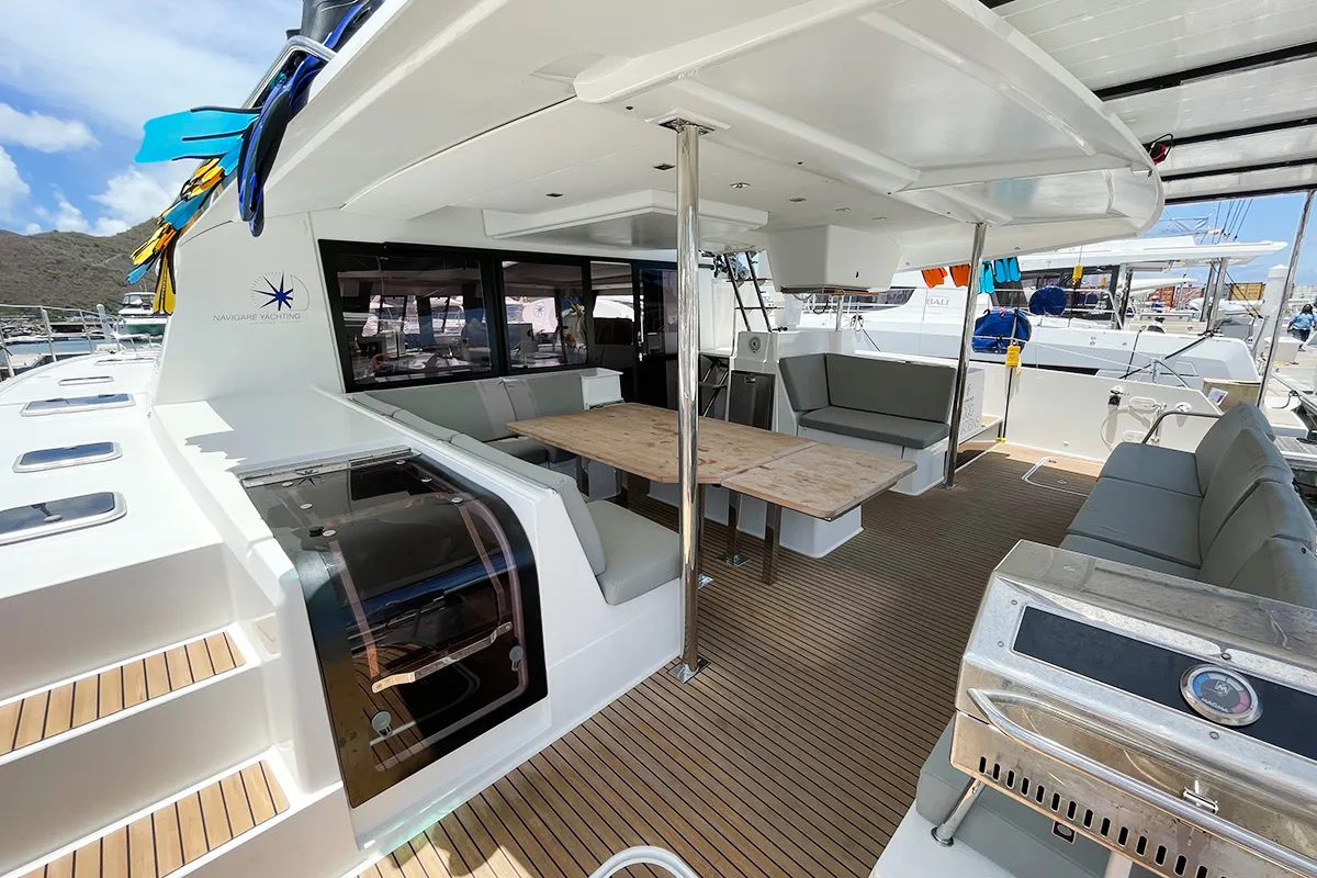 Deck of Good Vibrations, a Fountaine Pajot Saba 50 catamaran at Road Town, British Virgin Islands