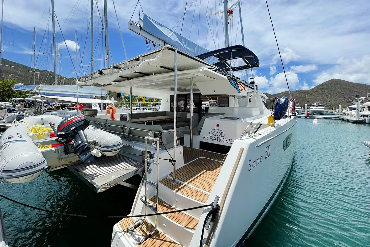 Exterior view of Good Vibrations, a Fountaine Pajot Saba 50 catamaran at Road Town, British Virgin Islands