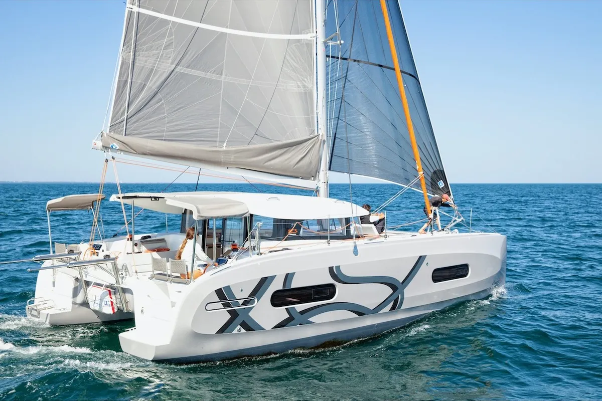 Exterior view of Dioscuri, a Excess 11 - 4 + 1 + 1 cab. catamaran at Split, Croatia