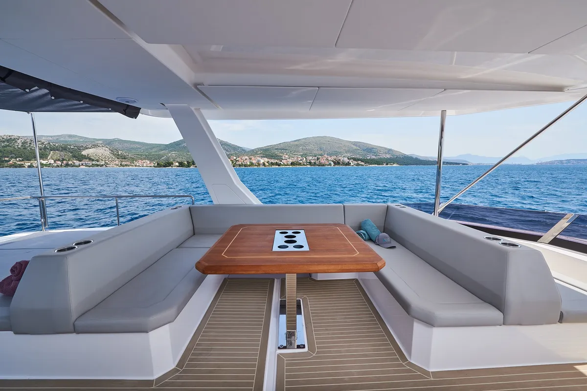 Deck of Good Vibes, a Leopard 53 - OW catamaran at Seget Donji, Croatia