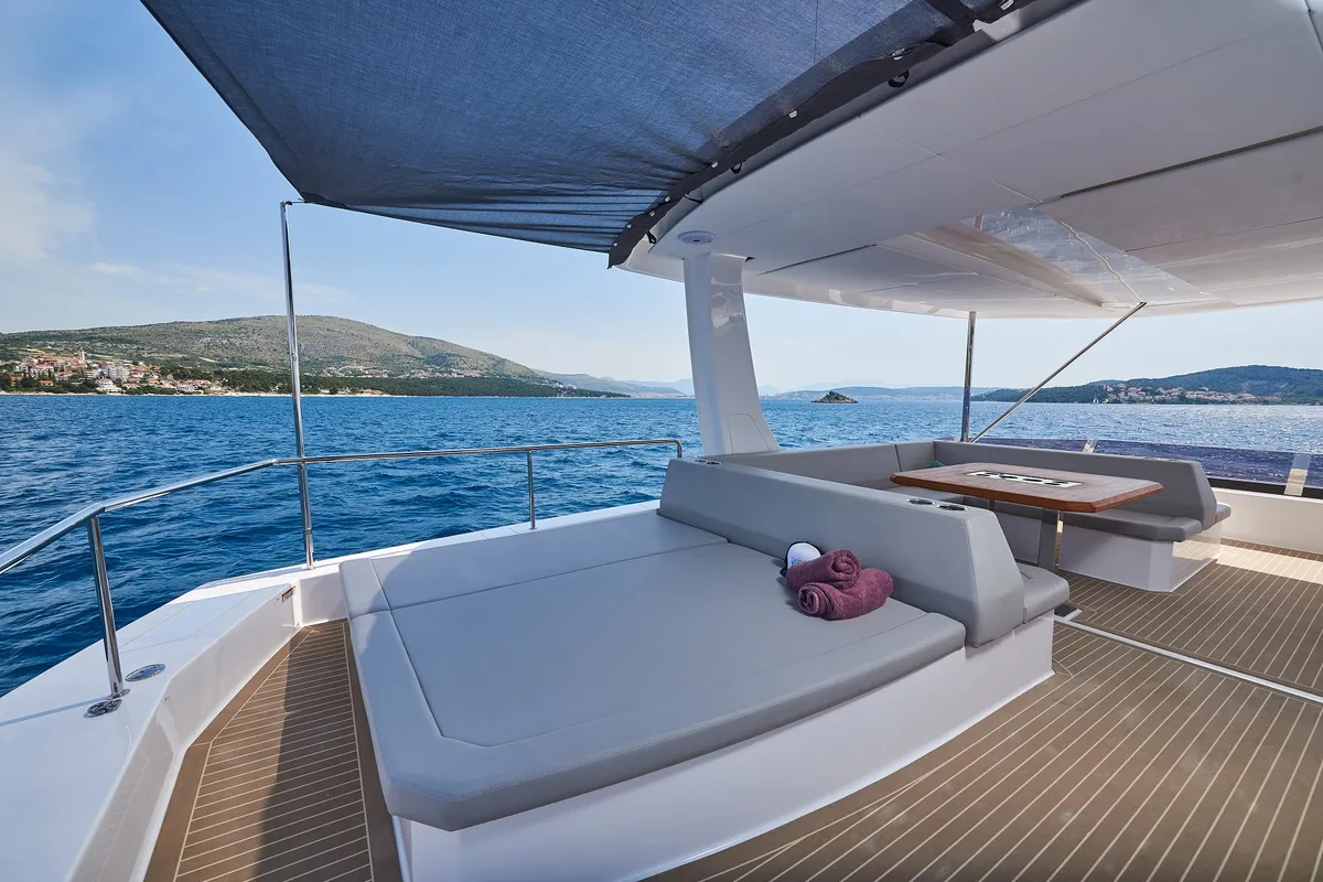 Deck of Good Vibes, a Leopard 53 - OW catamaran at Seget Donji, Croatia