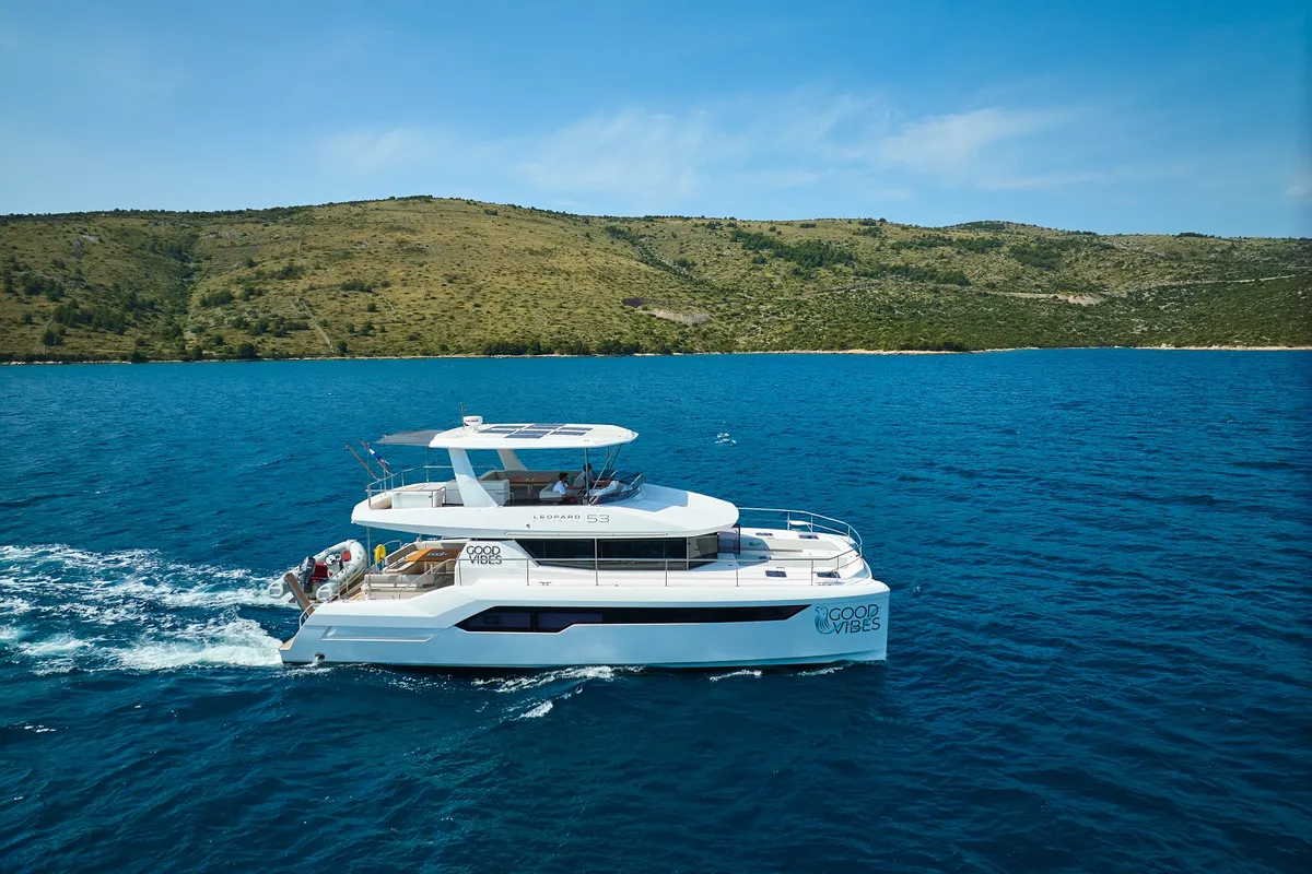 Exterior view of Good Vibes, a Leopard 53 - OW catamaran at Seget Donji, Croatia