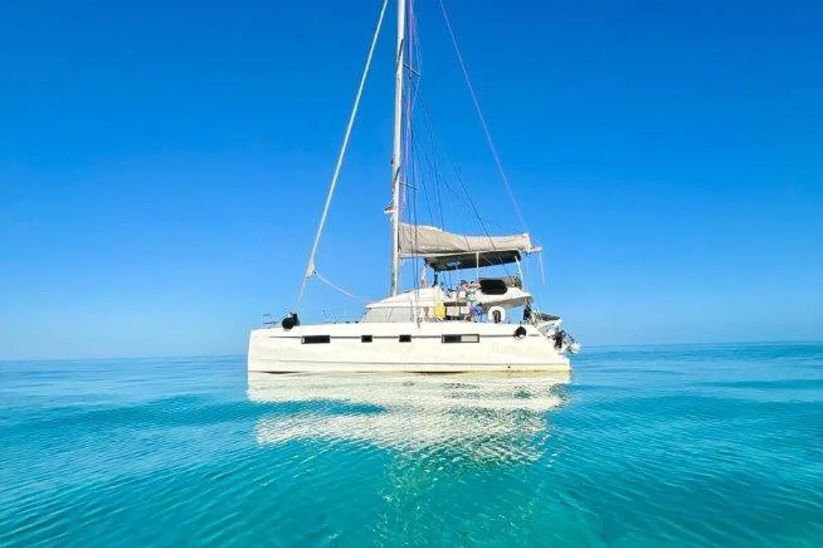 Exterior view of Mira, a Nautitech 46 Fly catamaran at Kontokali, Greece