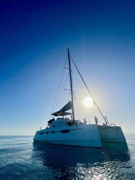Exterior view of Mira, a Nautitech 46 Fly catamaran at Kontokali, Greece