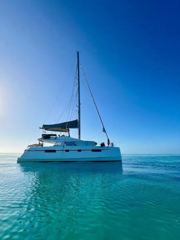 Exterior view of Mira, a Nautitech 46 Fly catamaran at Kontokali, Greece