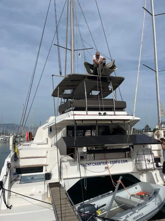 Exterior view of Mira, a Nautitech 46 Fly catamaran at Kontokali, Greece