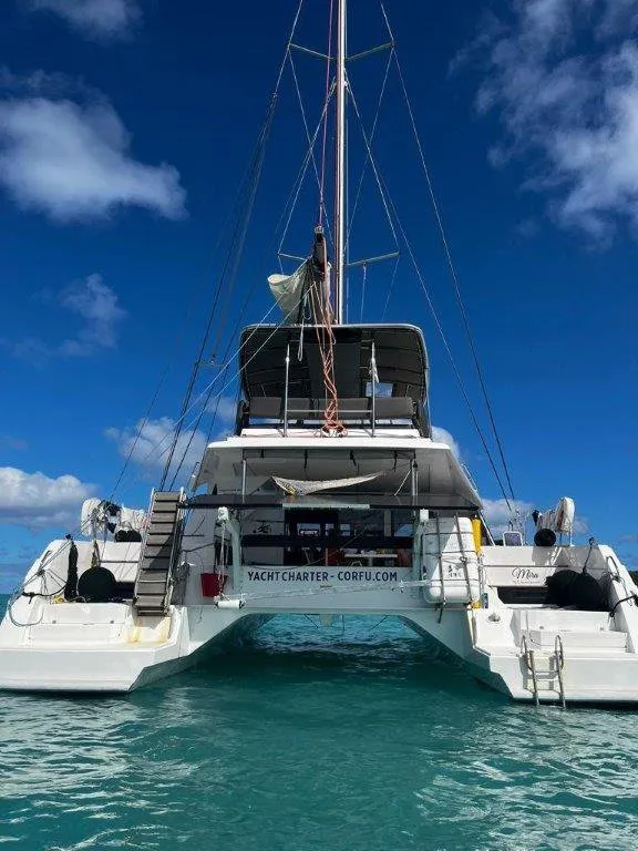 Exterior view of Mira, a Nautitech 46 Fly catamaran at Kontokali, Greece