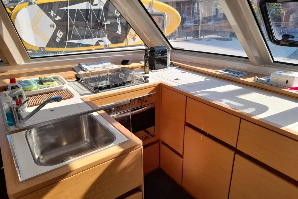 Galley of Mira, a Nautitech 46 Fly catamaran at Kontokali, Greece