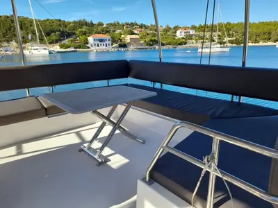 Deck of Mira, a Nautitech 46 Fly catamaran at Kontokali, Greece
