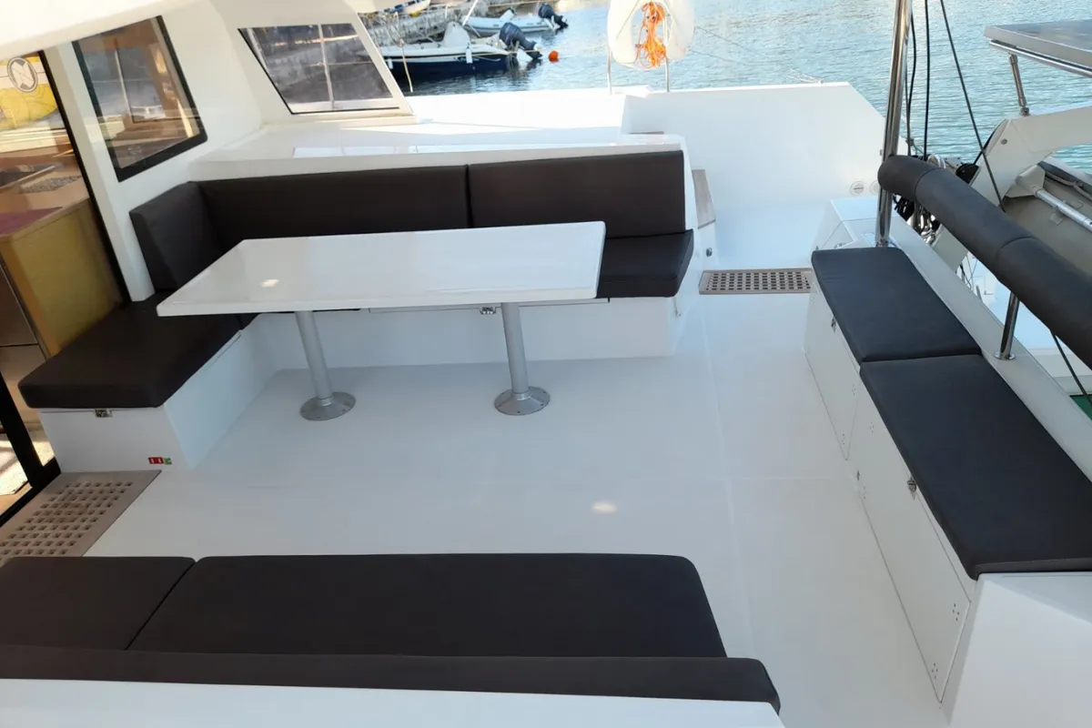 Deck of Mira, a Nautitech 46 Fly catamaran at Kontokali, Greece