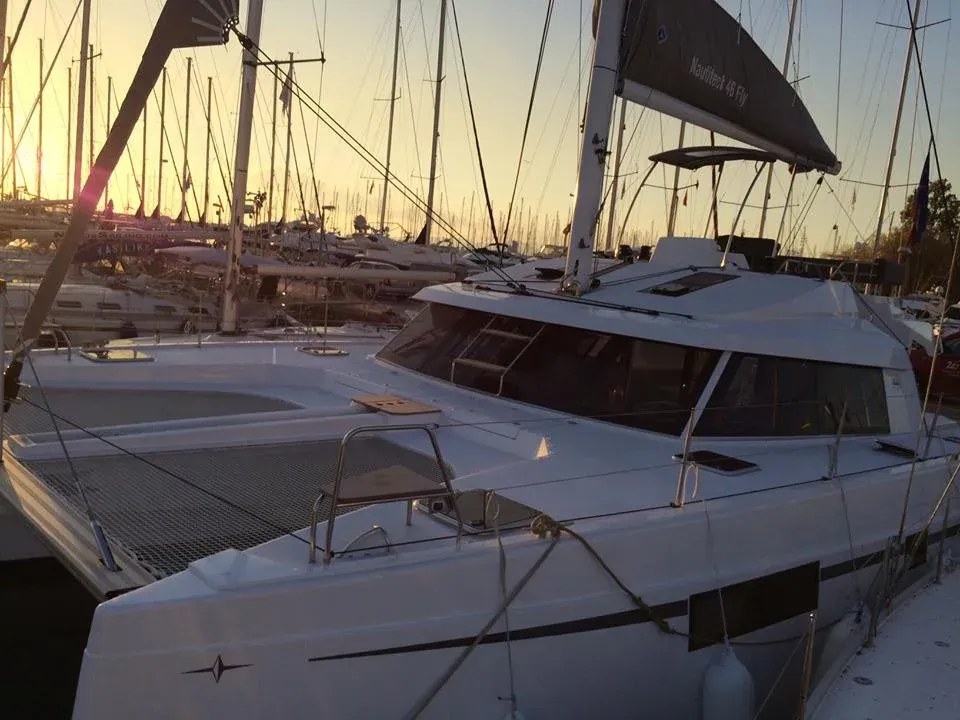 Exterior view of Mira, a Nautitech 46 Fly catamaran at Kontokali, Greece