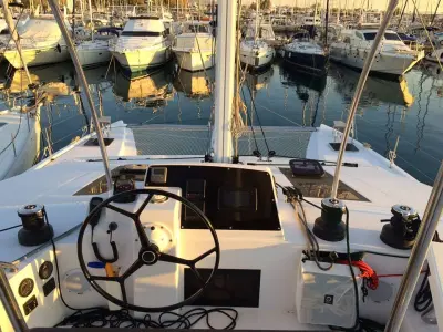 Cockpit of Mira, a Nautitech 46 Fly catamaran at Kontokali, Greece