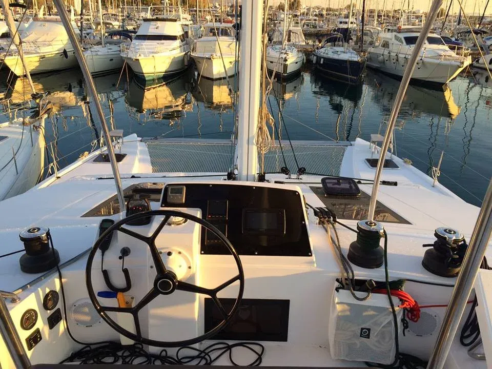 Cockpit of Mira, a Nautitech 46 Fly catamaran at Kontokali, Greece