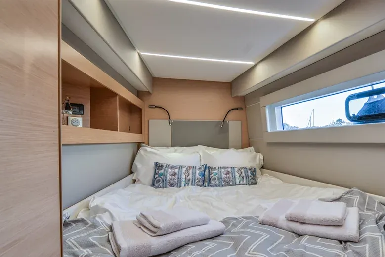 Cabin on Mira, a Nautitech 46 Fly catamaran at Kontokali, Greece