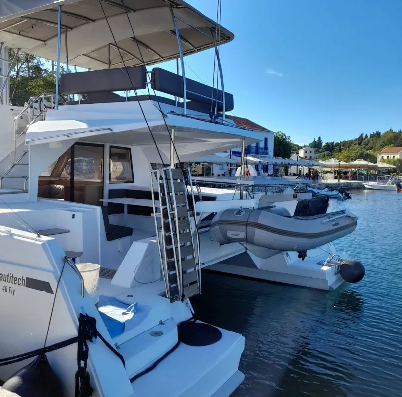 Exterior view of Mira, a Nautitech 46 Fly catamaran at Kontokali, Greece