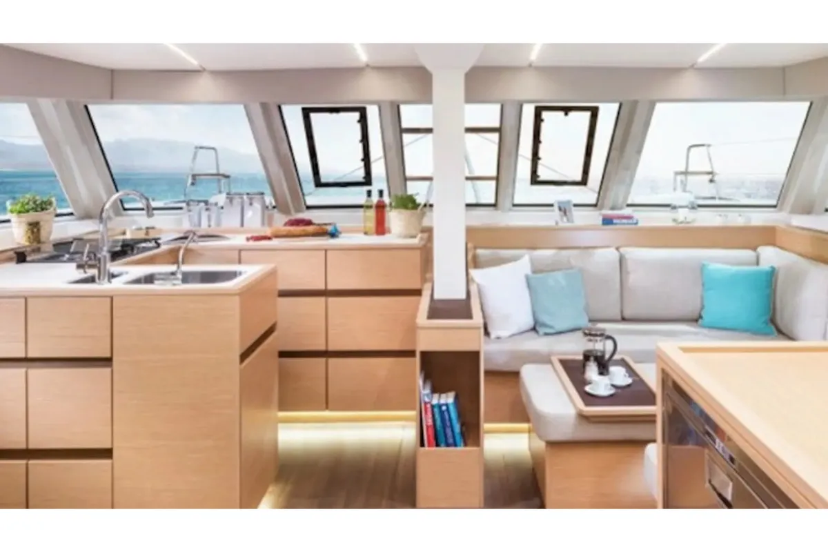 Salon of Mira, a Nautitech 46 Fly catamaran at Kontokali, Greece