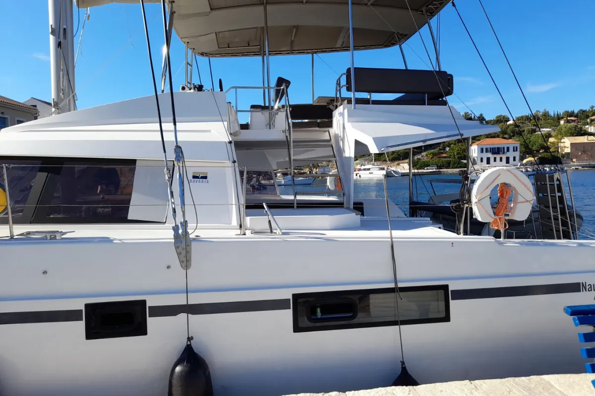 Exterior view of Mira, a Nautitech 46 Fly catamaran at Kontokali, Greece