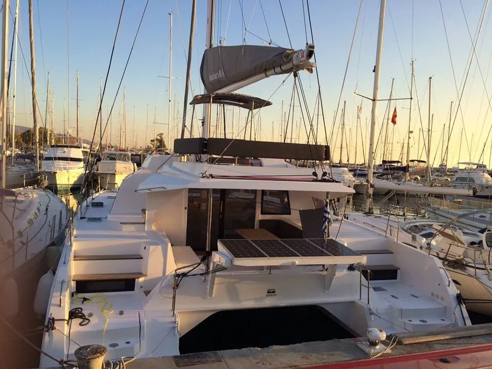 Exterior view of Mira, a Nautitech 46 Fly catamaran at Kontokali, Greece