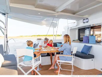 Deck of Sunsail 46 Cat Classic, a Lagoon 46 catamaran at Općina Marina, Croatia