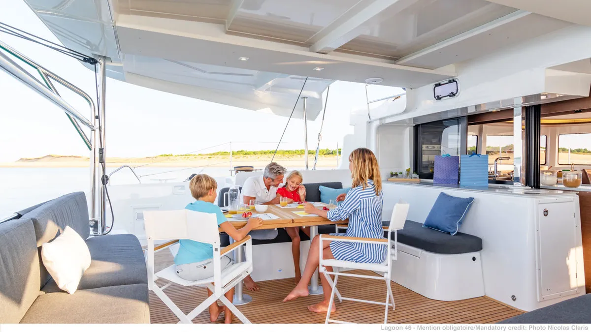 Deck of Sunsail 46 Cat Classic, a Lagoon 46 catamaran at Općina Marina, Croatia