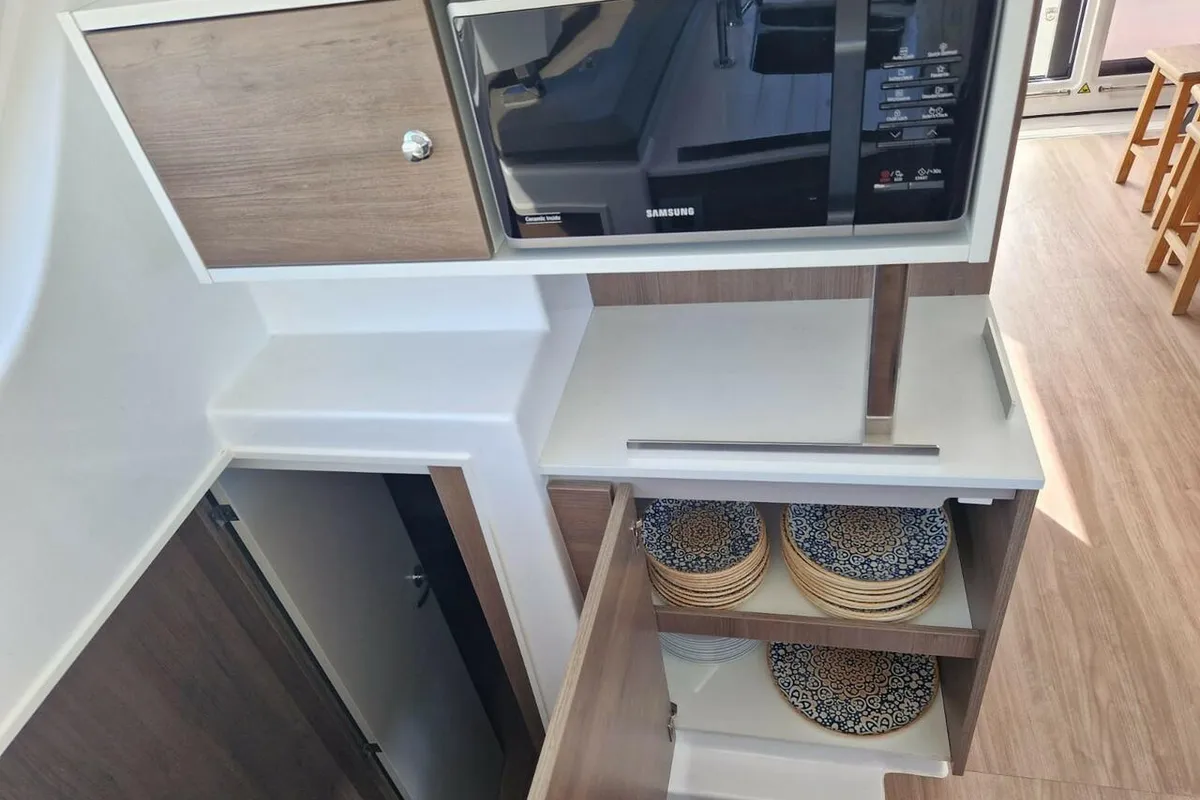 Galley of La Boheme, a Bali Catspace catamaran at Sant Antoni de Portmany, Spain