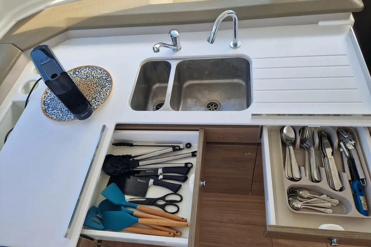 Galley of La Boheme, a Bali Catspace catamaran at Sant Antoni de Portmany, Spain