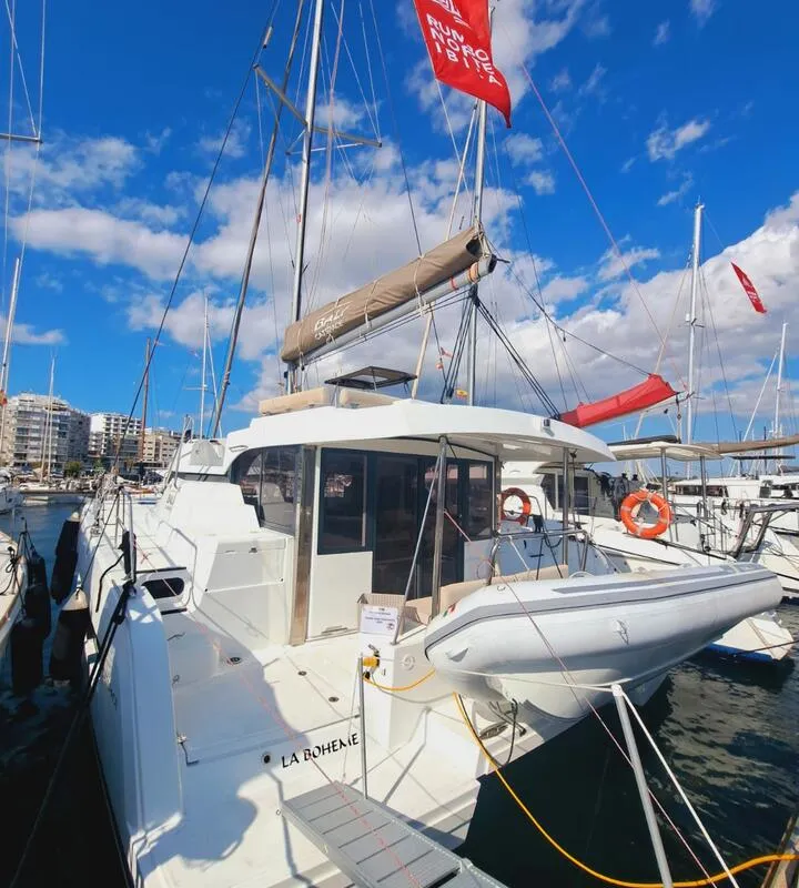 Exterior view of La Boheme, a Bali Catspace catamaran at Sant Antoni de Portmany, Spain