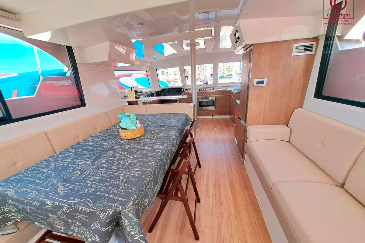 Salon of La Boheme, a Bali Catspace catamaran at Sant Antoni de Portmany, Spain